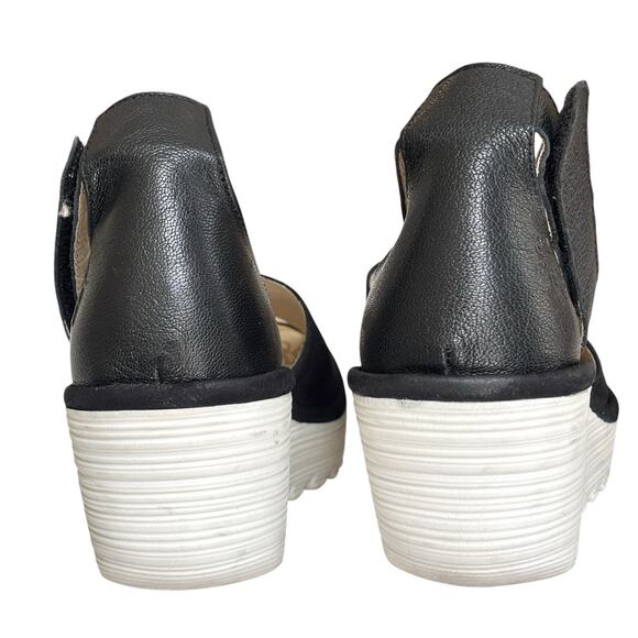 FLY London Yake Perforated Leather Wedge Sandals Black‎ Nubuck Sz 40 White Sole - Picture 8 of 16